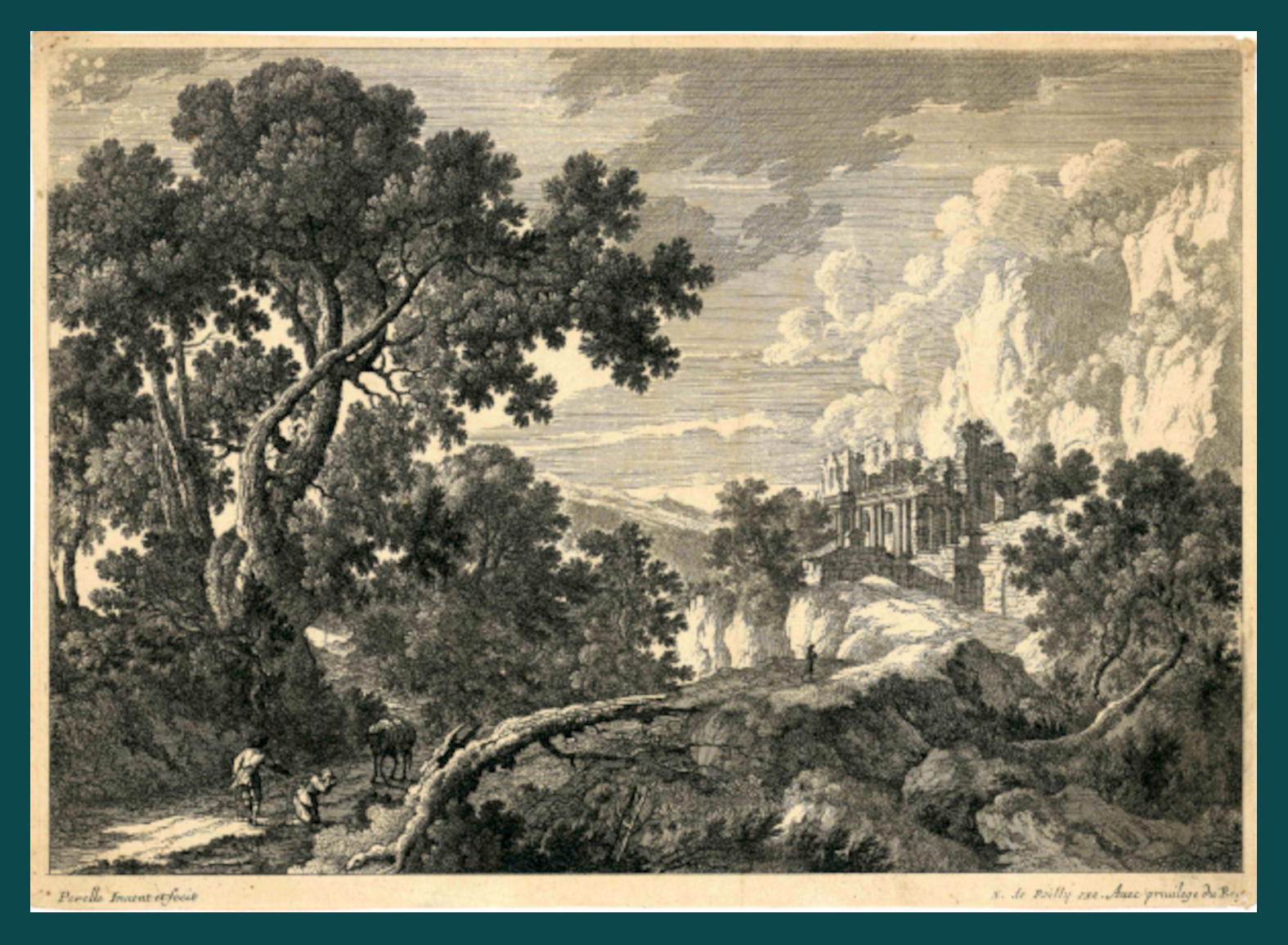PAESAGGIO CON ROVINE CLASSICHE E VIANDANTI