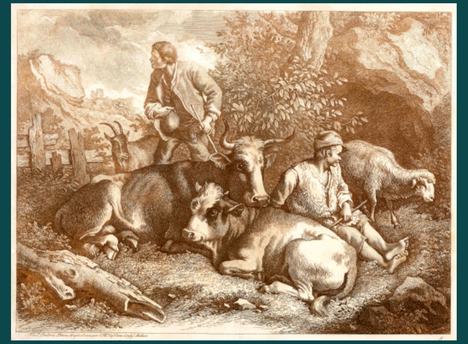 DUE PASTORI CON UNA MUCCA E UN VITELLO